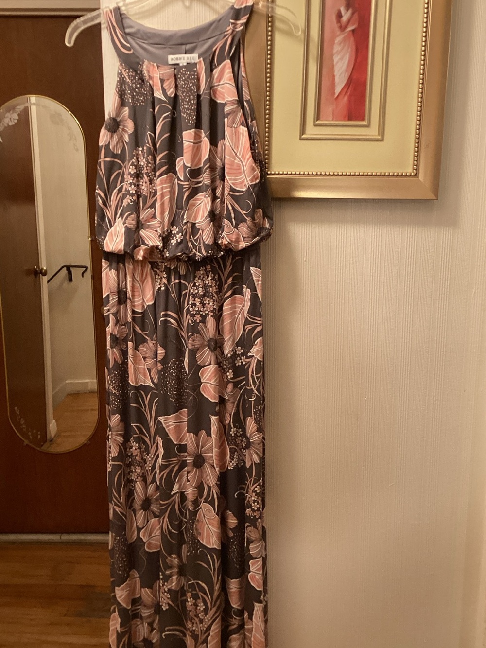 Robbie Bee Gray Maxi Dress with Pink Floral Print SZ S. $20.